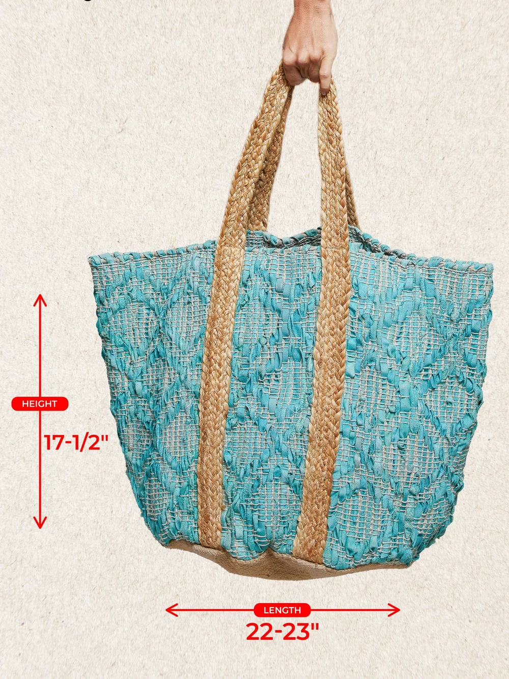 🐠POL Handwoven Turquoise Spacious Tote Bag with Natural Trim